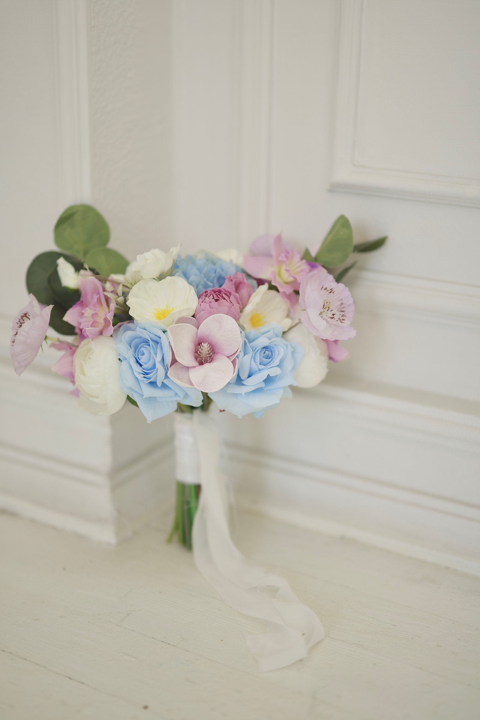 Mihrimah Blue – Soft mavi pembe krem yapay gelin buketi