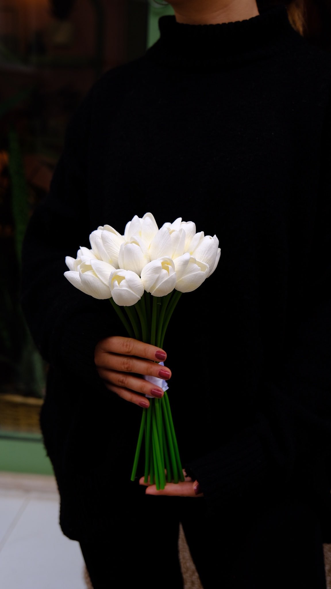 Sade Lale – 20 adet beyaz lale minimal yapay gelin buketi